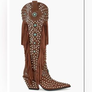 Azalea Wang Fringe Studded Western Knee-High Boot - Brown with Turquoise Accents